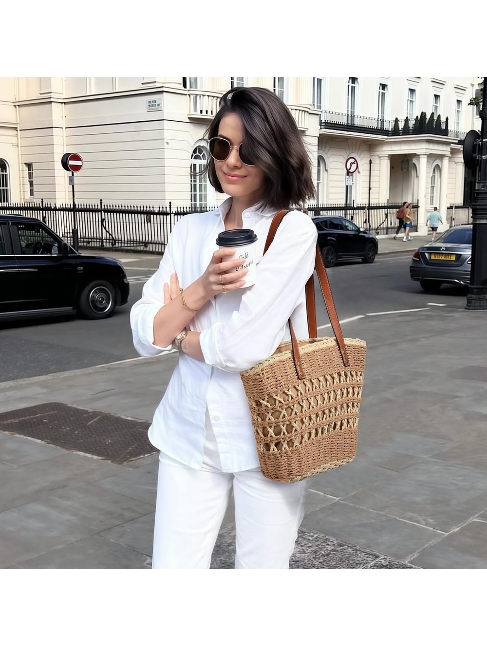 Woven Straw Tote Bag with Brown Leather Handles - Picture 7 of 7